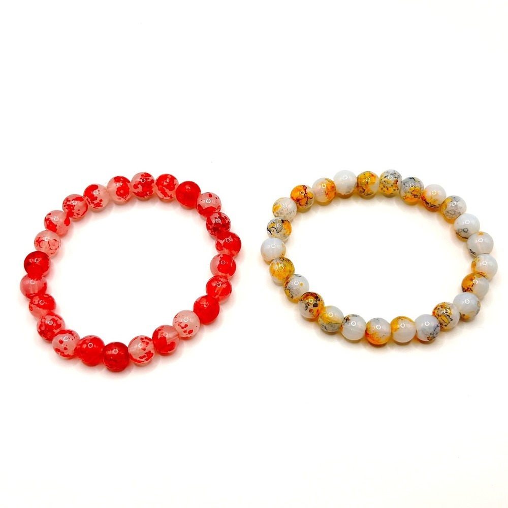 Agate Beaded Stretch Bracelet Unisex OS Red Yellow 2pc Set Boho Yoga Zen Jewelry